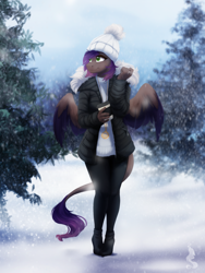 Size: 2100x2800 | Tagged: safe, artist:silentwulv, oc, oc only, oc:evening howler, species:anthro, species:pegasus, species:unguligrade anthro, g4, anthro oc, beanie, clothing, female, hat, leonine tail, mare, pants, pegasus oc, snow, snowfall, solo, tree