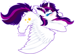 Size: 1024x739 | Tagged: safe, artist:vanillaswirl6, oc, oc only, oc:twily star, species:alicorn, species:pony, alicorn oc, blushing, chibi, dock, drool, eyes closed, female, fluffy, mare, open mouth, raffle prize, sharp teeth, simple background, solo, spread wings, stretching, teeth, tongue out, transparent background, wings, yawn