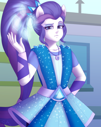 Size: 2400x3000 | Tagged: safe, artist:souladdicted, character:rarity, episode:super squad goals, g4, my little pony: equestria girls, my little pony:equestria girls, alternate hairstyle, canterlot city, clothing, crystal guardian, female, geode of shielding, looking at you, magic, pony ears, scene interpretation, solo, super ponied up
