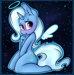 Size: 2824x2856 | Tagged: safe, artist:ashee, character:trixie, species:pony, species:unicorn, angel, blushing, chest fluff, female, floating wings, halo, kneeling, semi-anthro, solo