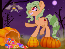 Size: 4000x3000 | Tagged: safe, artist:annakitsun3, oc, oc only, species:bat, species:earth pony, species:pony, candy, commission, food, halloween, high res, holiday, looking at something, male, moon, night, pumpkin, solo, stallion