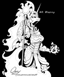 Size: 800x955 | Tagged: safe, artist:omny87, character:daybreaker, character:princess celestia, species:anthro, armor, axe, black and white, cape, clothing, fire, fireball, grayscale, helmet, ink, inkvember, monochrome, weapon