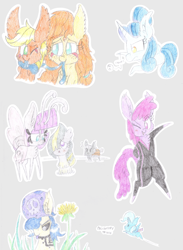 Size: 4438x6079 | Tagged: safe, artist:dragonpone, derpibooru original, character:applejack, character:limestone pie, character:marble pie, character:maud pie, character:pear butter, character:trixie, oc, oc:cerulean swirls, oc:ghostwhite, species:alicorn, species:breezies, species:earth pony, species:pony, species:unicorn, absurd resolution, alicornified, bipedal, blushing, breeziefied, cape, cheek fluff, chest fluff, choker, clothing, colored pencil drawing, dandelion, ear fluff, flying, food, food pony, freckles, grass, grumpy, juicy fruit, jumpsuit, looking at each other, mauzie, monster pony, mushroom, mushroom pony, one eye closed, original species, pie, pie pony, race swap, sketch, sketch dump, smiling, species swap, spiked choker, tattoo, tatzljack, tatzlpony, tentacle tongue, tentacles, tongue out, traditional art, trixie's cape, yo-yo
