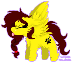 Size: 551x483 | Tagged: safe, artist:vanillaswirl6, oc, oc only, oc:amina islam, species:pegasus, species:pony, :t, blep, blushing, braid, chest fluff, chibi, eyes closed, fluffy, raffle prize, silly, simple background, spread wings, tongue out, transparent background, wings