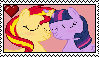 Size: 99x57 | Tagged: safe, artist:sugar-loop, editor:mlpfimlover97, character:sunset shimmer, character:twilight sparkle, character:twilight sparkle (alicorn), species:alicorn, species:pony, ship:sunsetsparkle, blushing, cuddling, deviantart stamp, eyes closed, female, heart, lesbian, shipping, stamp