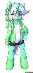 Size: 1353x3005 | Tagged: safe, artist:hoodie, character:lyra heartstrings, species:pony, species:unicorn, bipedal, blushing, clothing, ear fluff, explicit source, female, hoodie, one eye closed, open mouth, ribbon, semi-anthro, shirt, shorts, simple background, smiling, socks, solo, white background, wink