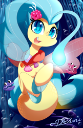 Size: 720x1112 | Tagged: safe, artist:dshou, character:princess skystar, species:seapony (g4), g4, my little pony: the movie (2017), angler seapony, bioluminescent, female, freckles, glow, jewelry, looking at you, necklace, open mouth, seashell, seashell necklace, shelldon, shelly, smiling, solo, underwater