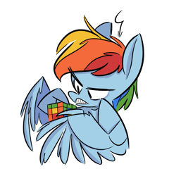 Size: 821x854 | Tagged: safe, artist:fluttershythekind, character:rainbow dash, species:pegasus, species:pony, female, frustrated, mare, pointy legs, rubik's cube, simple background, solo, white background