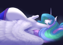 Size: 3507x2480 | Tagged: safe, artist:nsfwbonbon, character:princess celestia, species:alicorn, species:pony, belly, blanket, explicit source, female, looking back, lying down, mare, on side, preglestia, pregnant, solo, wings
