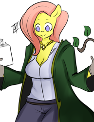 Size: 1275x1650 | Tagged: safe, artist:inuyuru, character:fluttershy, species:anthro, book, breasts, cleavage, clothing, colored, druid, dungeons and dragons, female, flutterdruid, gloves, reading, simple background, smiling, solo, white background