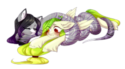 Size: 3000x1660 | Tagged: safe, artist:helemaranth, rcf community, oc, oc only, oc:lemony light, oc:saphira serpent, species:lamia, species:pegasus, species:pony, :t, ahoge, blushing, couple, cute, ear fluff, eyes closed, female, floppy ears, frown, hoof fluff, hug, leg fluff, mare, monster mare, original species, prone, simple background, snake pony, stripes, stuck, transparent background, unshorn fetlocks, wide eyes, wrapped up