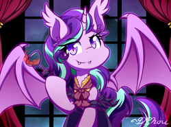Size: 500x369 | Tagged: safe, artist:dshou, character:starlight glimmer, species:alicorn, species:bat pony, species:pony, alicornified, bat ponified, bat pony alicorn, bat wings, beverage, fangs, female, glass, mare, race swap, solo, species swap, starlicorn, window, xk-class end-of-the-world scenario