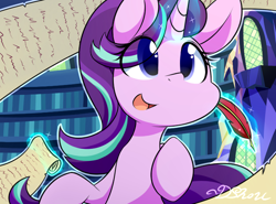 Size: 500x369 | Tagged: safe, artist:dshou, character:starlight glimmer, species:pony, species:unicorn, cute, eye clipping through hair, female, glimmerbetes, levitation, library, magic, mare, open mouth, quill, scroll, smiling, solo, telekinesis, twilight's castle