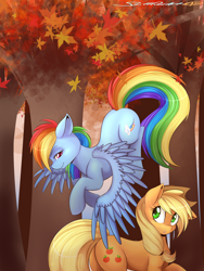 Size: 3000x4000 | Tagged: safe, artist:spittfireart, character:applejack, character:rainbow dash, ship:appledash, :o, bedroom eyes, butt touch, feathermarking, female, floppy ears, flying, forest, lesbian, looking back, looking up, never doubt tchernobog's involvement, raised hoof, shipping, smiling, smirk, spread wings, tree, wings