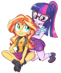 Size: 664x800 | Tagged: safe, artist:k-nattoh, character:sunset shimmer, character:twilight sparkle, character:twilight sparkle (scitwi), species:eqg human, g4, my little pony: equestria girls, my little pony:equestria girls, blushing, cute, duo, female, looking at each other, shimmerbetes, simple background, smiling, twiabetes, white background