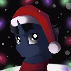 Size: 2015x2015 | Tagged: safe, artist:conrie, oc, oc only, oc:slashing prices, species:pony, species:unicorn, episode:hearth's warming eve, g4, my little pony: friendship is magic, bust, christmas, christmas lights, clothing, hat, holiday, lights, male, night, portrait, santa hat, scarf, snow, snowfall, stallion