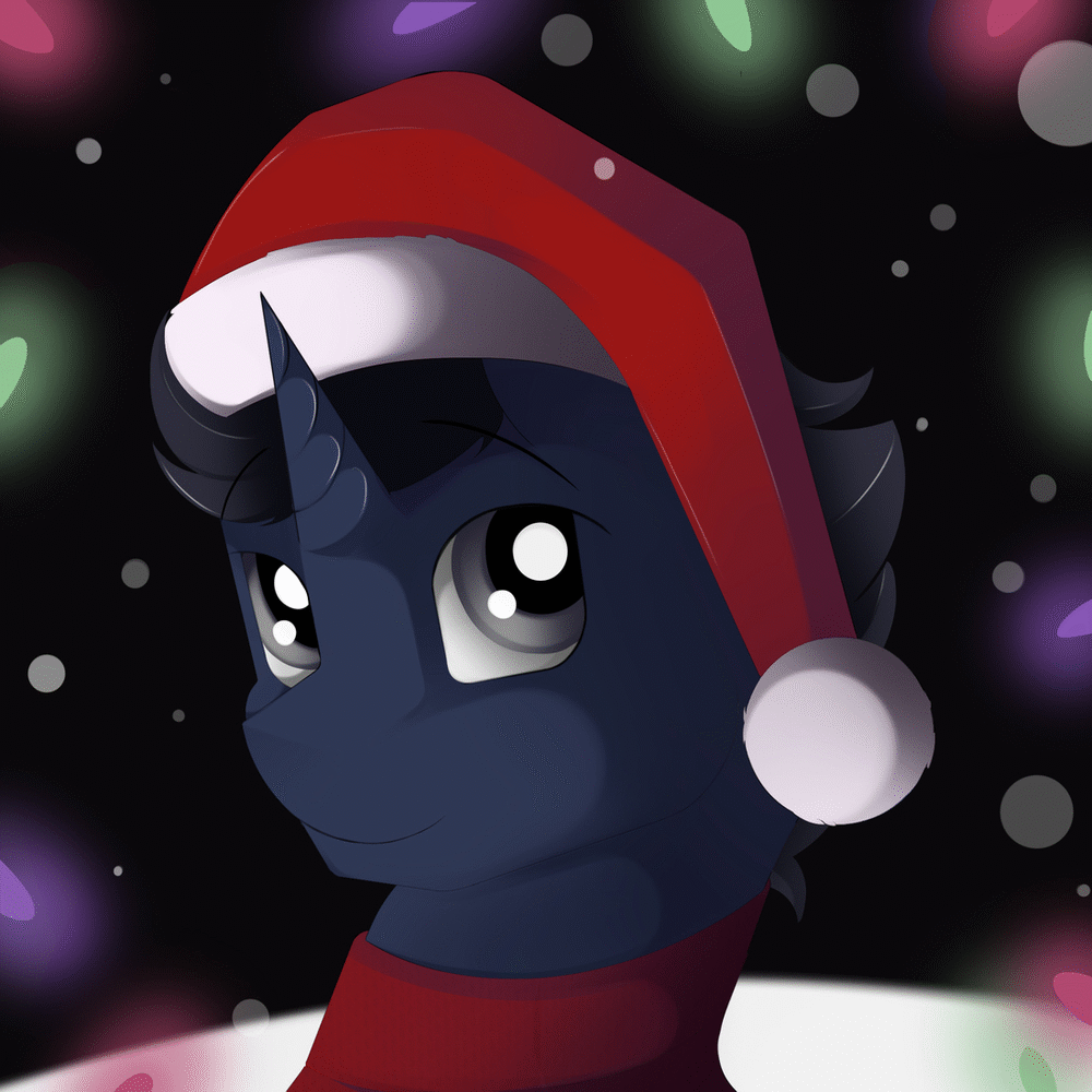 Size: 1000x1000 | Tagged: safe, alternate version, artist:conrie, oc, oc only, oc:slashing prices, species:pony, species:unicorn, episode:hearth's warming eve, g4, my little pony: friendship is magic, animated, bust, christmas, christmas lights, clothing, gif, hat, holiday, lights, male, night, portrait, santa hat, scarf, snow, snowfall, stallion