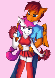 Size: 1953x2784 | Tagged: safe, artist:saxopi, oc, oc only, oc:freya, oc:lucky, species:anthro, cheerleader outfit, clothing, cute, frecky, jeans, over the knee socks, pants, pom pom, shirt