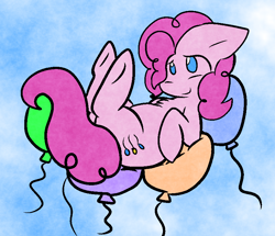 Size: 824x707 | Tagged: safe, artist:zutcha, character:pinkie pie, species:earth pony, species:pony, balloon, balloon sitting, chest fluff, female, floating, floppy ears, mare, no pupils, on back, sky, smiling, solo, then watch her balloons lift her up to the sky