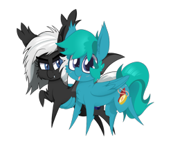 Size: 2400x2000 | Tagged: safe, artist:dragonpone, derpibooru original, oc, oc only, oc:compass rose, oc:stargazer, species:bat pony, species:pegasus, species:pony, 2018 community collab, derpibooru community collaboration, cheek fluff, chest fluff, duo, ear fluff, fangs, female, hug, lidded eyes, looking at you, male, mare, open mouth, raised hoof, simple background, smiling, spread wings, stallion, transparent background, winghug, wings