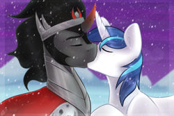Size: 1080x720 | Tagged: safe, artist:tigra0118, character:king sombra, character:shining armor, species:pony, species:unicorn, ship:shiningsombra, eyes closed, gay, infidelity, infidelity armor, kissing, male, shipping, snow, stallion