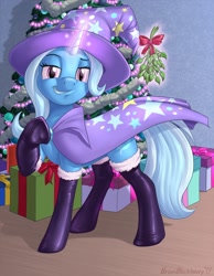 Size: 992x1280 | Tagged: safe, artist:brianblackberry, character:trixie, species:pony, species:unicorn, cape, christmas, christmas tree, clothing, female, glowing horn, hat, holiday, looking at you, mare, mistletoe, pointing, present, raised hoof, smiling, smirk, socks, solo, thigh highs, tree, trixie's cape, trixie's hat