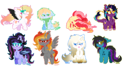 Size: 1024x561 | Tagged: safe, artist:vanillaswirl6, oc, oc only, oc:angelica, oc:despy, oc:ember (cinnamontee), oc:evening eclipse, oc:midnight fairytale, oc:pretty shine, oc:shiro, oc:tridashie, species:bat pony, species:earth pony, species:pony, bipedal, blushing, chest fluff, chibi, christmas gift, clothing, cloven hooves, colored pupils, cute, dock, ear fluff, feather, female, floppy ears, flower, fluffy, folded wings, gift art, group, leonine tail, looking at you, male, mare, open mouth, scarf, simple background, sitting, spread wings, squishy cheeks, stallion, tongue out, transparent background, wings