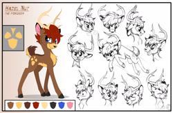 Size: 2000x1300 | Tagged: safe, artist:sirzi, oc, oc only, oc:hazel nut, species:deer, amused, angry, antlers, chest fluff, curious, deer oc, eating, emotions, fordeer, happy, non-pony oc, original species, palette, reference sheet, sketch, sketch dump, smiling, solo