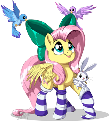 Size: 1558x1729 | Tagged: safe, artist:sirzi, character:angel bunny, character:fluttershy, species:bird, species:pegasus, species:pony, bow, clothing, cute, female, hair bow, male, mare, shyabetes, simple background, smiling, socks, stockings, striped socks, thigh highs, transparent background