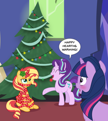 Size: 5415x6036 | Tagged: safe, artist:sugar-loop, character:starlight glimmer, character:sunset shimmer, character:twilight sparkle, species:pony, species:unicorn, ship:sunsetsparkle, absurd resolution, blushing, christmas, christmas tree, counterparts, cute, dialogue, eyes closed, female, gift wrapped, holiday, lesbian, mare, open mouth, raised hoof, ribbon, shipping, speech bubble, sunset shimmer is not amused, tree, twilight's counterparts, unamused, wrapped up