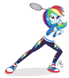 Size: 1819x2048 | Tagged: safe, artist:ilaria122, character:rainbow dash, episode:stressed in show, g4, my little pony: equestria girls, my little pony:equestria girls, clothing, converse, female, not a vector, pants, shoes, simple background, sneakers, solo, sports, stressed in show: rainbow dash, tennis, tennis racket, transparent background