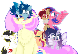 Size: 1024x714 | Tagged: safe, artist:vanillaswirl6, oc, oc only, oc:caring slash, oc:color guide, oc:may sweet song, oc:night light, oc:vanilla swirl, oc:winter winds, unnamed oc, species:bat pony, species:earth pony, species:pegasus, species:pony, species:unicorn, :>, annoyed, bipedal, bipedal leaning, biting, blushing, cheek fluff, chest fluff, clothing, colored wings, colored wingtips, colt, cute, ear fluff, eyes closed, female, filly, fluffy, frown, gift art, glare, gritted teeth, group, gums, holding a pony, hoof hold, leaning, leg fluff, looking down, looking up, male, mare, mouth hold, nom, nuzzling, one eye closed, open mouth, scared, sharp teeth, shoulder fluff, simple background, sitting, size difference, smiling, sock, spread wings, stockings, tail bite, teeth, thigh highs, transparent background, unamused, wings, wink, wolf pony