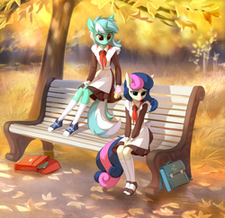 Size: 1650x1603 | Tagged: safe, artist:tomatocoup, character:bon bon, character:lyra heartstrings, character:sweetie drops, species:anthro, species:earth pony, species:plantigrade anthro, species:pony, species:unicorn, adorabon, autumn, bandaid, bench, clothing, converse, crepuscular rays, crying, cute, duo, female, food, ice cream, lyrabetes, sad, school uniform, shoes, sitting, soviet, soviet school uniform, tree, young pioneer