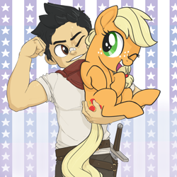 Size: 1200x1200 | Tagged: safe, artist:tex, character:applejack, oc, oc:tex, species:human, species:pony, clothing, female, filly, filly applejack, flexing, hand on butt, holding a pony, human male, male, scarf, sword, weapon, younger