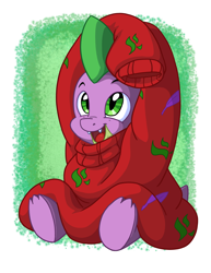 Size: 2550x3300 | Tagged: safe, artist:latecustomer, character:spike, species:dragon, baby, baby dragon, clothing, cute, fangs, feather, green eyes, male, open mouth, oversized clothes, scales, simple background, sitting, solo, spikabetes, sweater, white background