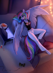 Size: 1180x1600 | Tagged: safe, artist:tomatocoup, oc, oc only, oc:cyclonespynn, species:anthro, species:pegasus, species:unguligrade anthro, g4, anthro oc, armpits, christmas, christmas lights, clothing, computer, controller, couch, female, food, heterochromia, holiday, laptop computer, lying down, mare, meat, midriff, multicolored hair, not rainbow dash, on back, overwatch, pajamas, pants, pegasus oc, pepperoni, pepperoni pizza, pizza, rainbow hair, solo, spread wings, sweatpants, tank top, wings, xbox 360 controller