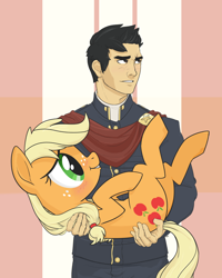 Size: 1600x2000 | Tagged: dead source, safe, artist:tex, character:applejack, oc, oc:tex, species:human, species:pony, blushing, clothing, female, holding a pony, human male, male, teenage applejack, teenager, uniform, younger