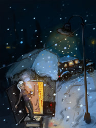 Size: 810x1080 | Tagged: safe, artist:agm, character:trixie, species:human, buick roadmaster, car, caravan, clothing, dark, female, humanized, lamppost, looking up, mug, new year, new years eve, night, pants, smiling, snow, snowfall, solo, steam, street lamp, sweater, trixie's wagon, wagon, wandering trixie, winter