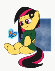 Size: 1103x1430 | Tagged: safe, artist:darkknighthoof, oc, oc only, oc:juniper, butterfly, clothing, colored, cute, shirt