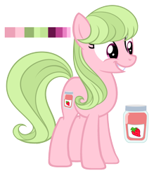 Size: 1650x1798 | Tagged: safe, artist:elskafox, oc, oc only, oc:anyberry jam, species:earth pony, species:pony, food, jam, reference sheet, smiling, solo, strawberry
