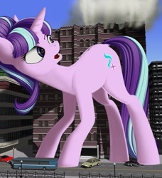 Size: 1920x2108 | Tagged: safe, artist:styroponyworks, character:starlight glimmer, species:human, species:pony, species:unicorn, 3d, anatomically incorrect, blender, bus, car, city, dock, fire, giant pony, giant starlight glimmer, incorrect leg anatomy, macro, mega glimmer, mixed media, open mouth, rescue, vehicle