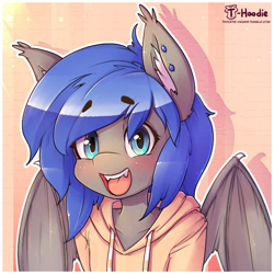Size: 550x550 | Tagged: safe, artist:hoodie, oc, oc only, oc:moonslurps, species:anthro, species:bat pony, blushing, bust, clothing, hoodie, portrait, semi-anthro, solo, wings