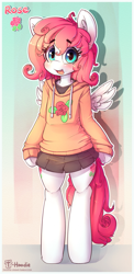 Size: 733x1500 | Tagged: safe, artist:hoodie, oc, oc only, oc:rose, species:pegasus, species:pony, bipedal, blushing, clothing, cute, female, flower, hoodie, moe, ocbetes, open mouth, pleated skirt, rose, semi-anthro, shirt, short skirt, skirt, smiling, solo, spread wings, underhoof, wings