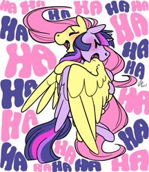 Size: 1500x1733 | Tagged: safe, artist:rwl, character:fluttershy, character:twilight sparkle, character:twilight sparkle (alicorn), species:alicorn, species:pegasus, species:pony, ship:twishy, blushing, cute, eyes closed, female, hug, laughing, laughingmares.jpg, lesbian, mare, open mouth, shipping, shyabetes, simple background, smiling, text, twiabetes, white background, winghug