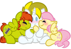 Size: 3359x2317 | Tagged: safe, artist:befishproductions, character:fluttershy, oc, oc:white heart, oc:young weird, species:pegasus, species:pony, species:unicorn, blushing, canon x oc, chibi, cute, female, hug, hug sandwich, male, oc x oc, polyamory, shipping, simple background, straight, transparent background, whiteshy, youngheart