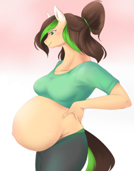 Size: 1945x2480 | Tagged: safe, artist:nsfwbonbon, oc, oc only, oc:verdant ardea, species:anthro, species:unguligrade anthro, belly, belly button, big belly, pregnant, solo