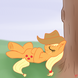 Size: 2000x2000 | Tagged: safe, artist:yakoshi, character:applejack, species:earth pony, species:pony, applejack's hat, chest fluff, clothing, cowboy hat, ear fluff, eyes closed, female, hat, hat over eyes, nap, on back, profile, sleeping, solo, tree, under the tree