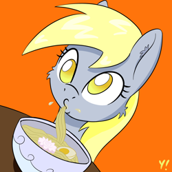Size: 1000x1000 | Tagged: safe, artist:yakoshi, character:derpy hooves, species:pegasus, species:pony, cute, eating, female, food, mare, no pupils, noodles, ramen, slurp, solo
