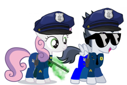 Size: 800x539 | Tagged: safe, artist:jawsandgumballfan24, character:rumble, character:sweetie belle, species:pony, ship:rumbelle, clothing, colt, cute, female, filly, male, necktie, nightstick, police badge, police hat, police uniform, shipping, simple background, straight, sunglasses, taser, white background
