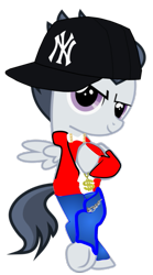 Size: 397x716 | Tagged: safe, artist:jawsandgumballfan24, character:rumble, species:pony, baseball cap, bling, cap, clothing, colt, gangsta, gold chains, hat, jacket, male, mlb, new york yankees, pants, simple background, solo, transparent background